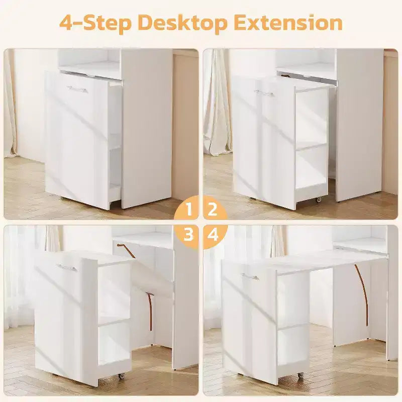 Bureau extensible MooxvMoo avec étagères de rangement et roulettes mobiles, table d'ordinateur pliable pour petits appartements et bureaux à domicile, blanc