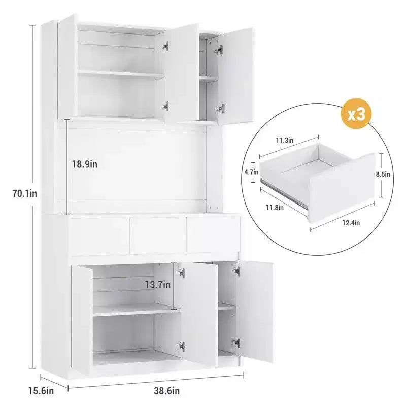 Armoire de cuisine de 71 pouces, vaisselier avec lumières LED et prises de courant, buffet avec support pour micro-ondes, étagères réglables