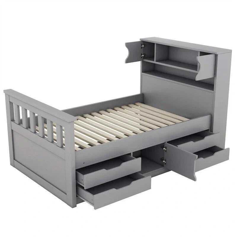 Lit plateforme capitaine double/grand avec 4 tiroirs et étagères de rangement, cadre de lit en bois massif avec tête de lit bibliothèque de rangement