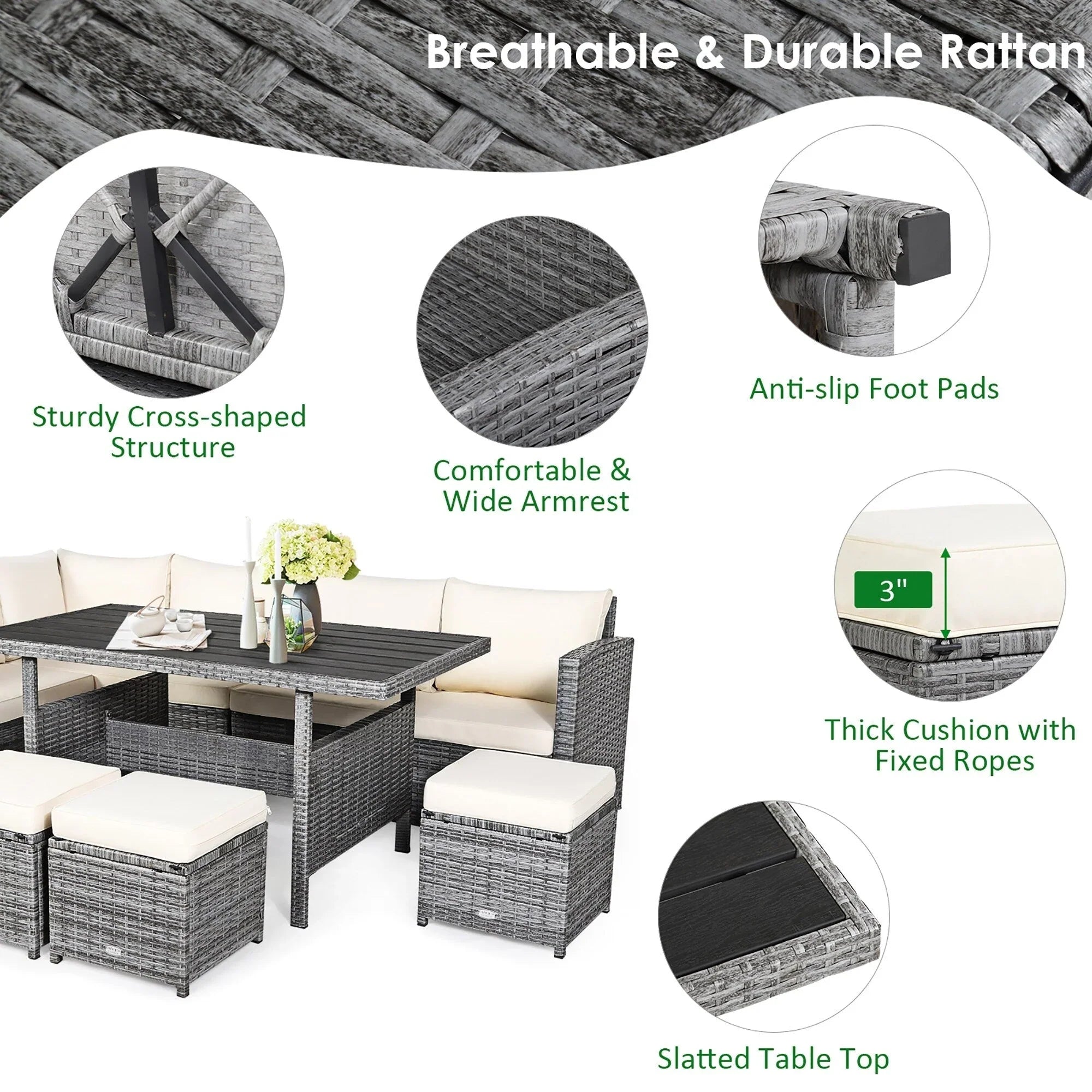 Ensemble de salle à manger Costway 7 pièces en rotin pour terrasse, canapé sectionnel et pouf - Voir détails
