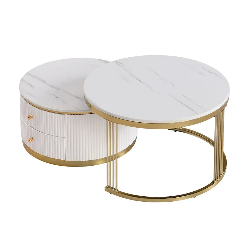 2 tables basses gigognes rondes blanches avec tiroirs
