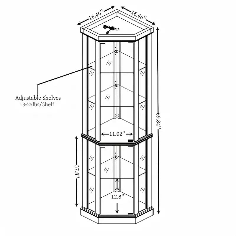 Vitrine d'angle avec portes et étagères en verre, Meuble de présentation d'angle pour salon