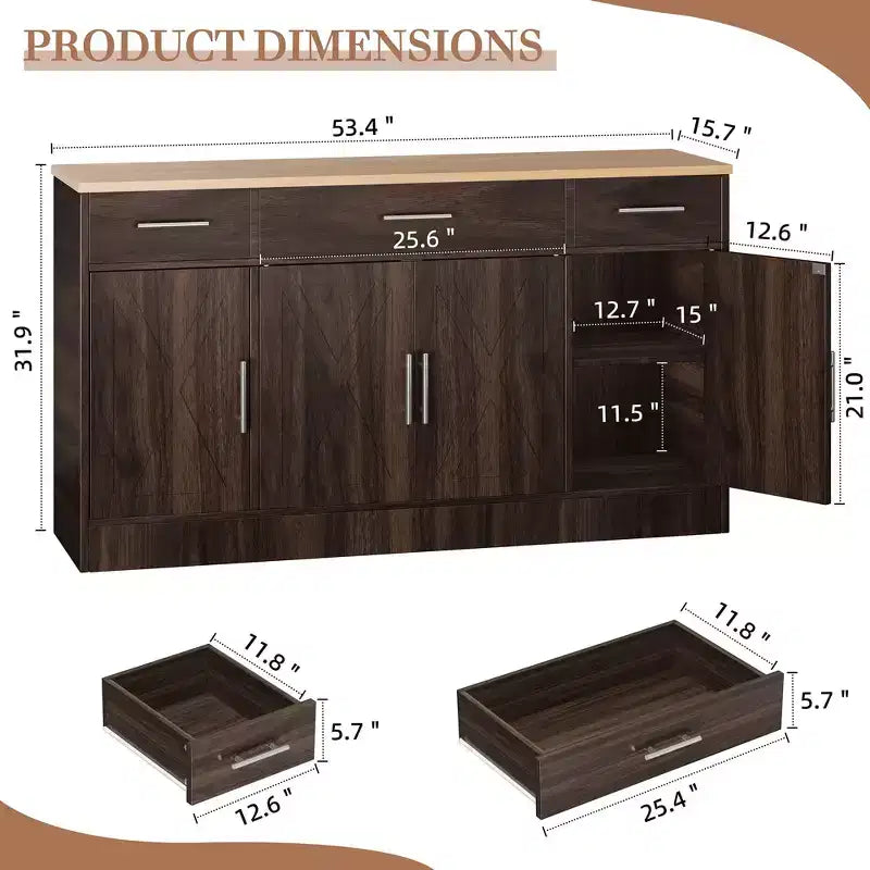Buffet de cuisine Celebalcony avec rangement, grand buffet de cuisine de 135,6 cm avec 3 tiroirs et 4 portes, étagère réglable pour cuisine, salon