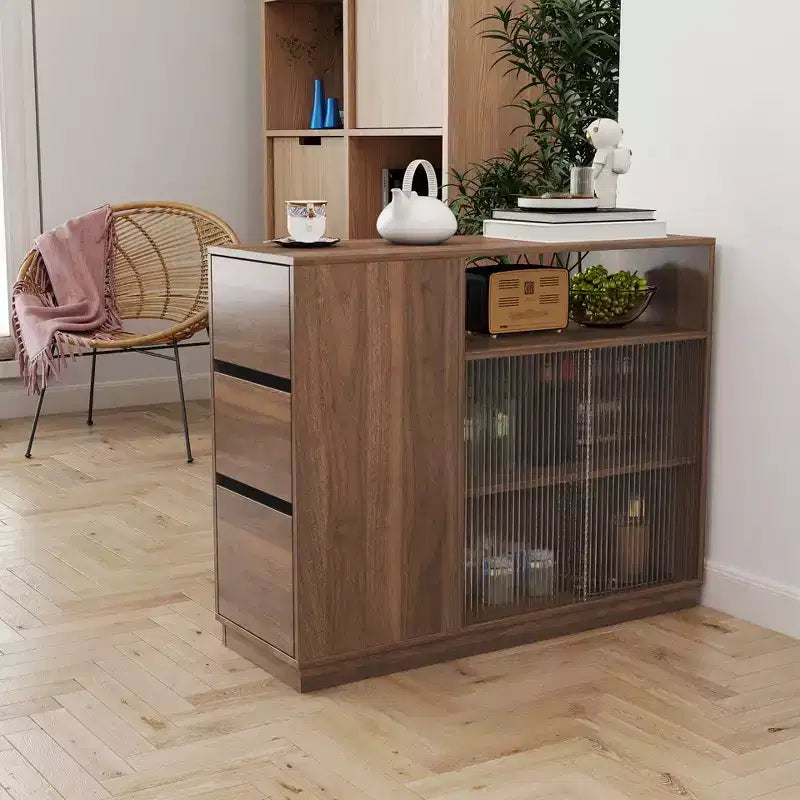 Buffet GDFStudio Hikaru moderne avec portes coulissantes en verre et tiroirs