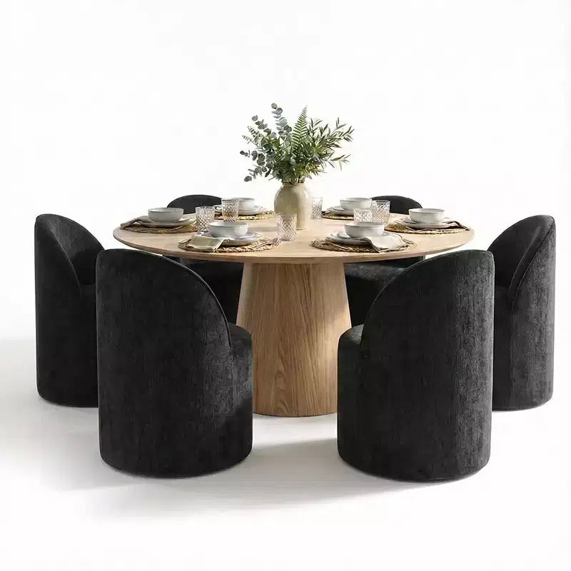 Ensemble de salle à manger moderne pour 6 personnes, table à manger ronde avec pied central, chaises de salle à manger pivotantes à roulettes, tissu chenille texturé - Panipeachy