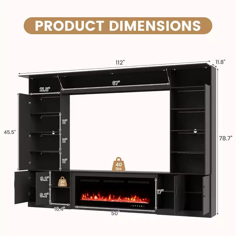 Meuble TV mural EROMMY 112L avec cheminée et lumières LED