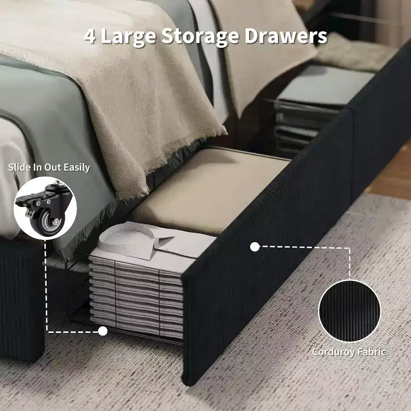 CuisinSmart Cadre de lit en velours côtelé avec tête de lit, cadre de lit rembourré avec plateforme, 4 tiroirs de rangement et support à lattes en bois