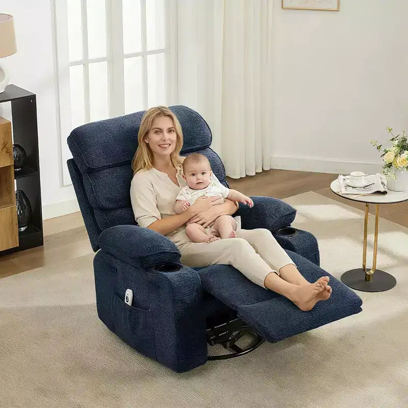 Fauteuil inclinable massant avec fonction de chauffage, fauteuil inclinable et pivotant à 360° pour adultes, fauteuil de nurserie en lin avec poche latérale, deux porte-gobelets