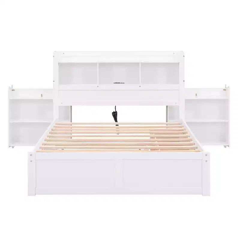 Lit plateforme complet avec lit gigogne, tête de lit bibliothèque et station de recharge, cadre de lit double en bois avec étagères et tiroirs