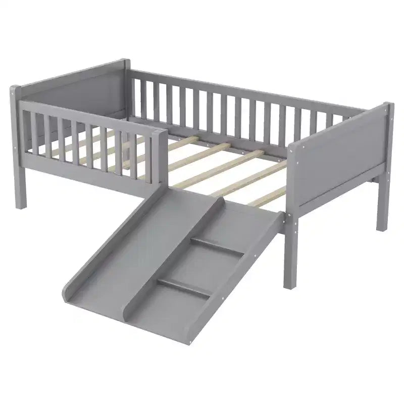 Lit superposé simple Whisen pour enfant avec toboggan, étagère de rangement mobile, balustrades, cadre de lit mezzanine bas