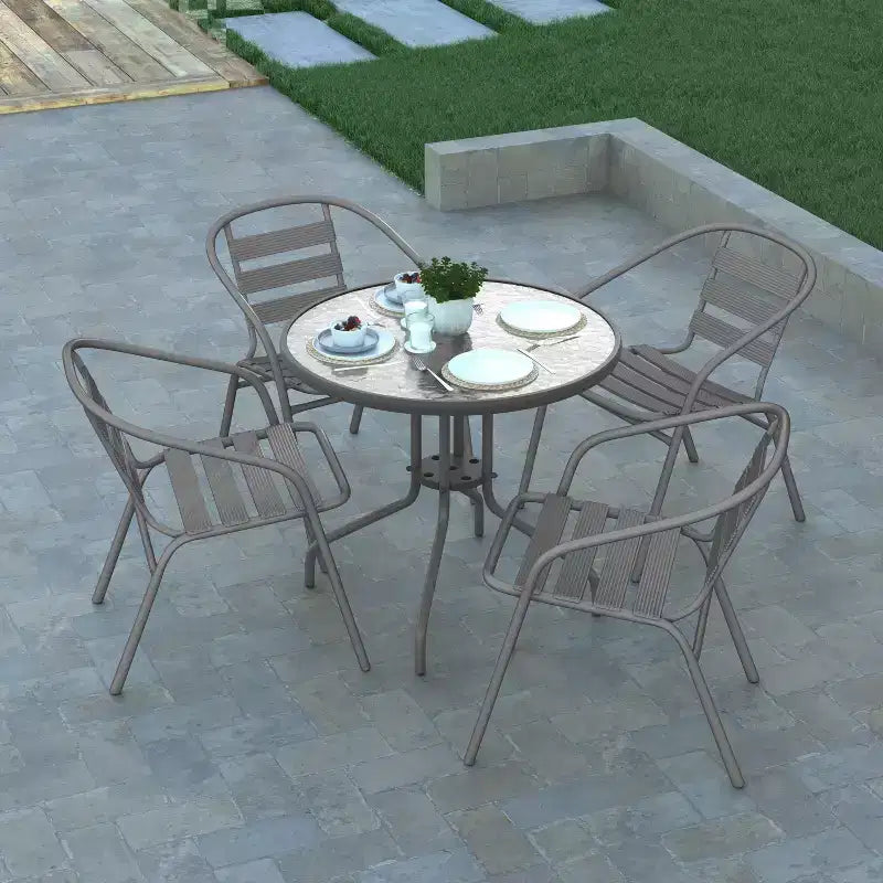 Table Emma et Oliver 80 cm en Verre Rond avec 4 Chaises Empilables à Lattes en Aluminium