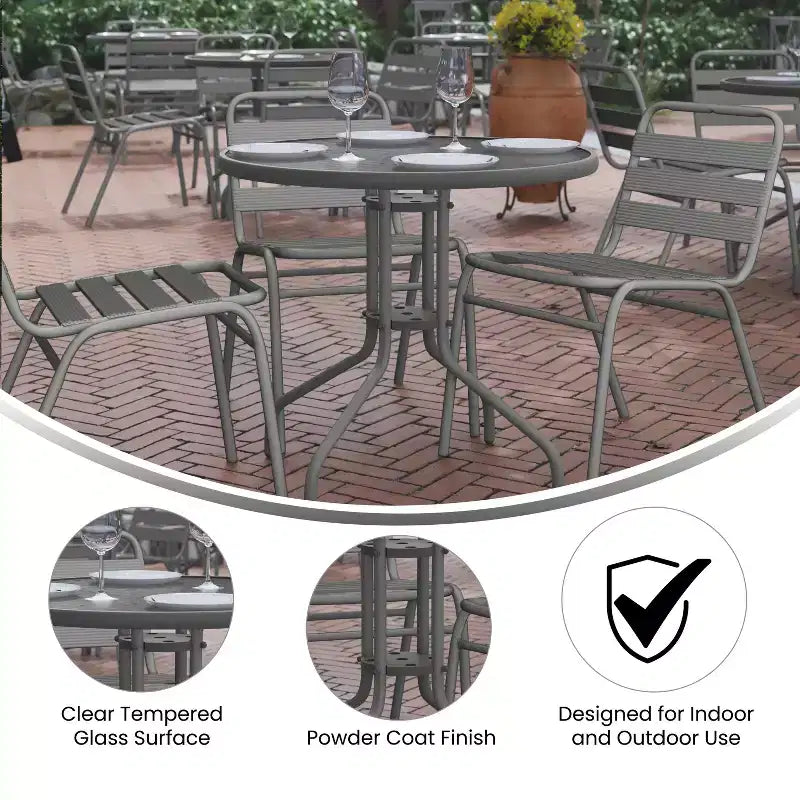 Table Emma et Oliver 80 cm en Verre Rond avec 4 Chaises Empilables à Lattes en Aluminium