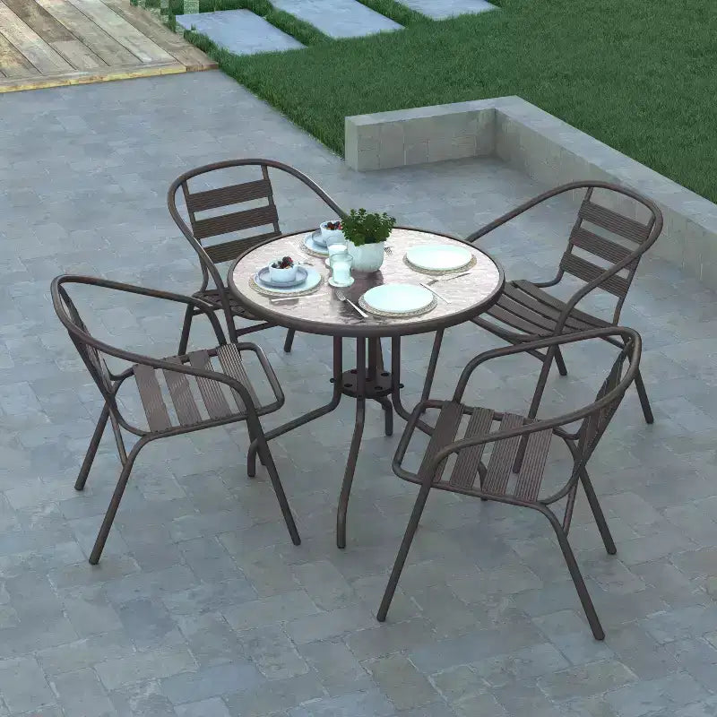 Table Emma et Oliver 80 cm en Verre Rond avec 4 Chaises Empilables à Lattes en Aluminium