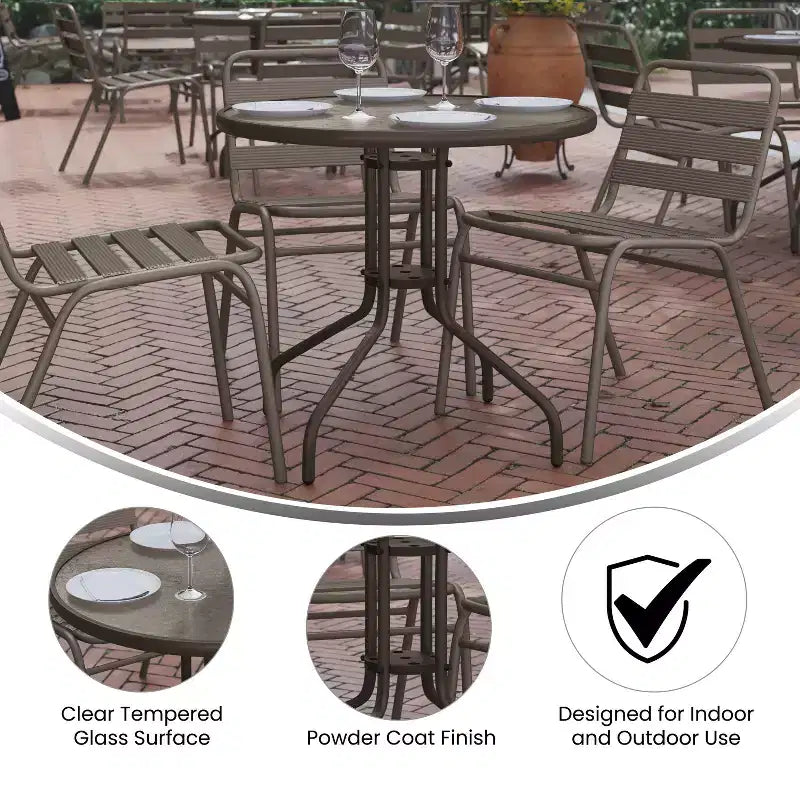 Table Emma et Oliver 80 cm en Verre Rond avec 4 Chaises Empilables à Lattes en Aluminium