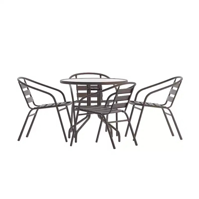 Emma and Oliver 31.5'' Round Glass Top Metal Table with 4 Aluminum Slat Stack Chairs