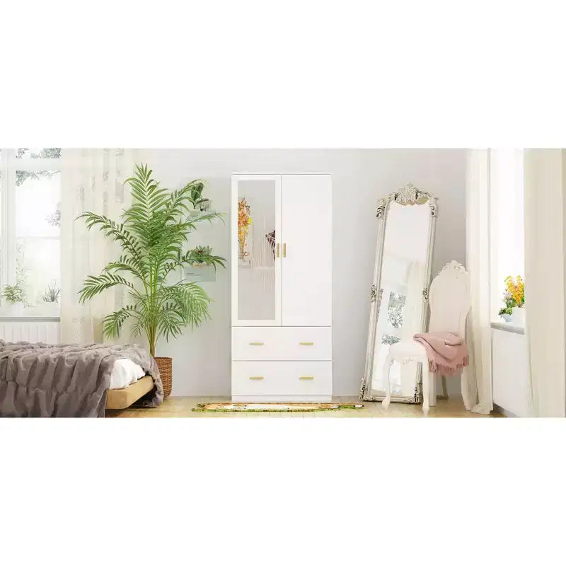 Hitow Armoire de rangement double tiroir avec portes miroir et zones de rangement