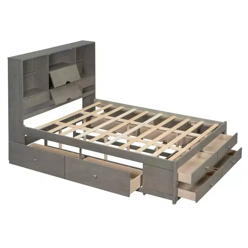 Lit plateforme de taille Queen avec étagère de rangement et 8 tiroirs, montage facile