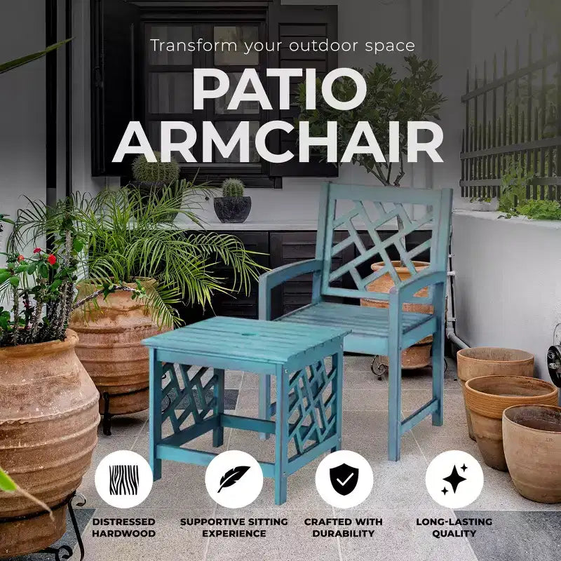 Fauteuil de patio Portland Four Seasons Courtyard de 56 cm, en bois dur vieilli, avec finition brossée et capacité maximale de 113 kg, bleu