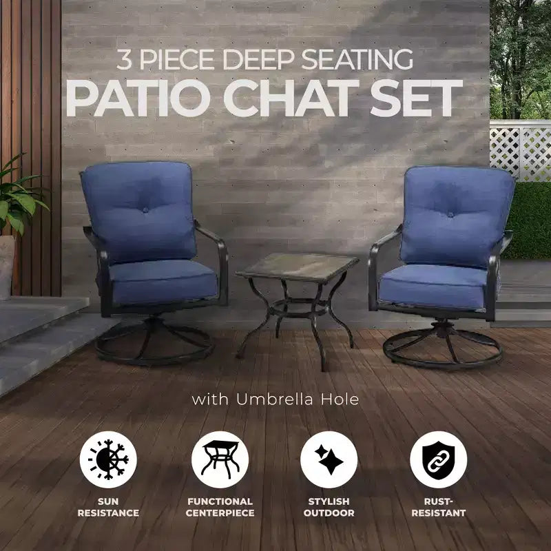 Ensemble de mobilier de jardin et de conversation d'extérieur Four Seasons Courtyard Beaumont 3 pièces avec 2 chaises pivotantes rembourrées et une table d'appoint carrée, gris/marron