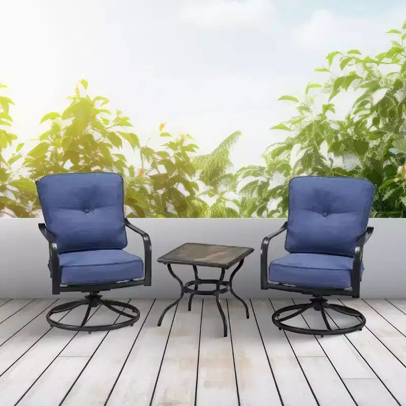 Ensemble de mobilier de jardin et de conversation d'extérieur Four Seasons Courtyard Beaumont 3 pièces avec 2 chaises pivotantes rembourrées et une table d'appoint carrée, gris/marron