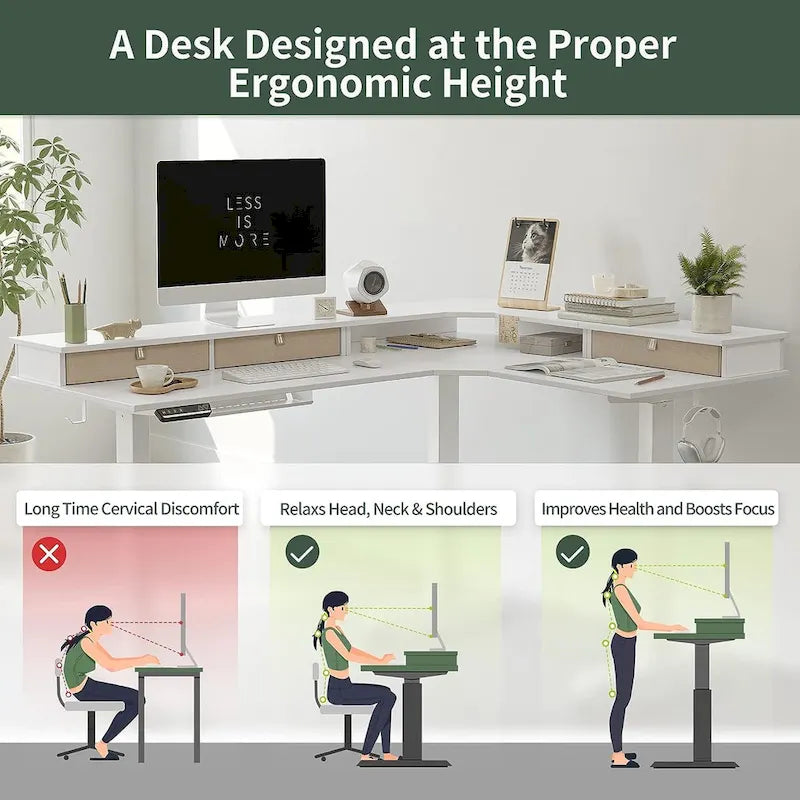 Bureau d'angle électrique debout avec 3 tiroirs et roulettes verrouillables, 160