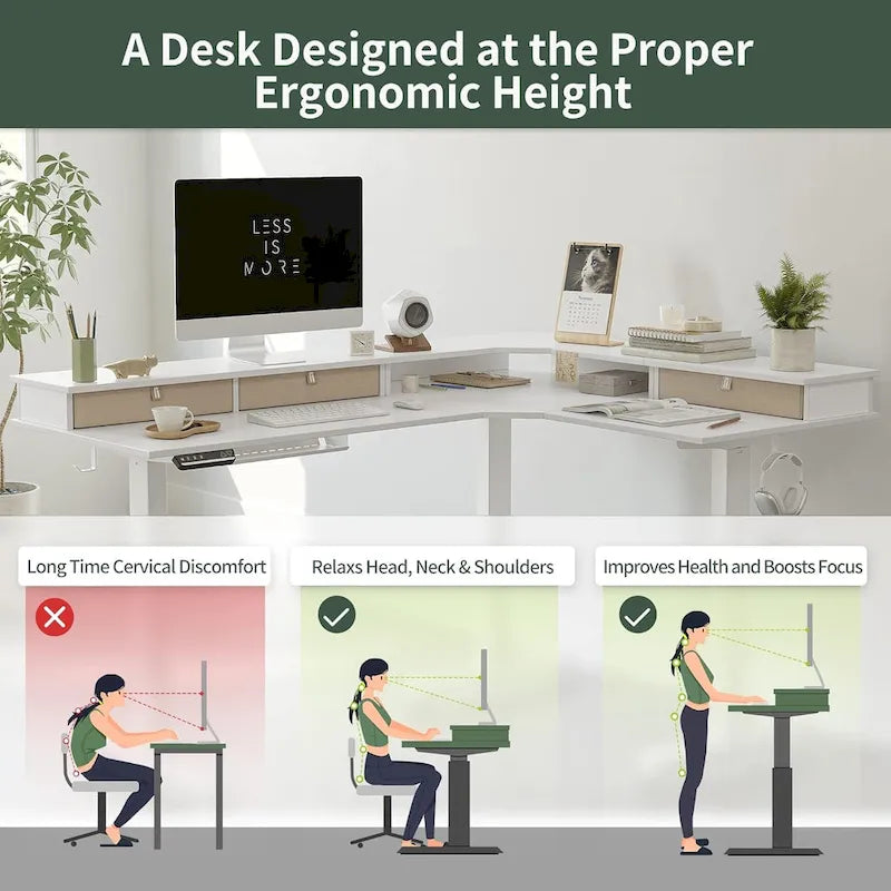 Bureau d'angle électrique debout avec 3 tiroirs et roulettes verrouillables, 160