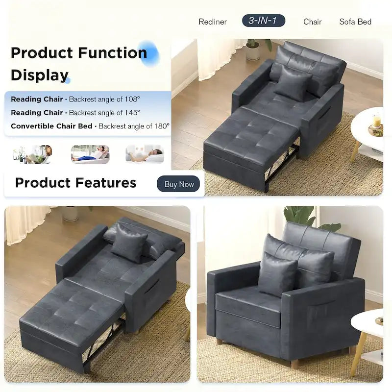 Fauteuil convertible 3-en-1, plusieurs coloris, une place