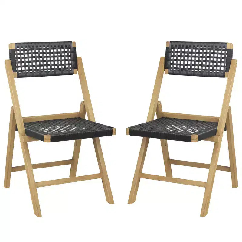 Costway Lot de 2/4 chaises pliantes de patio avec assise en corde tressée et dossier haut en bois de teck indonésien pour porche, naturel et noir