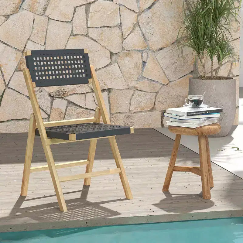 Costway Lot de 2/4 chaises pliantes de patio avec assise en corde tressée et dossier haut en bois de teck indonésien pour porche, naturel et noir
