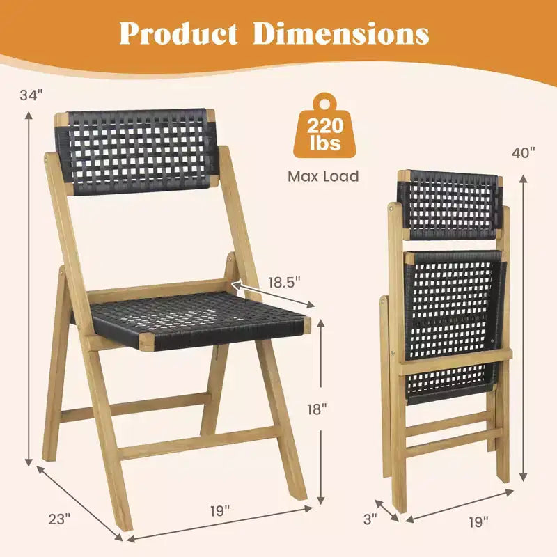 Costway Lot de 2/4 chaises pliantes de patio avec assise en corde tressée et dossier haut en bois de teck indonésien pour porche, naturel et noir