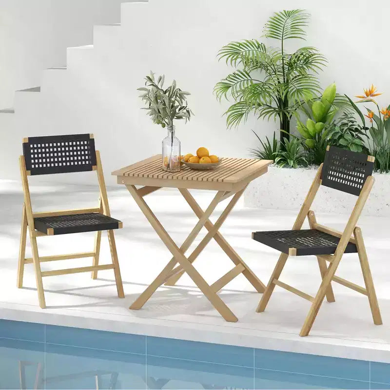 Costway Lot de 2/4 chaises pliantes de patio avec assise en corde tressée et dossier haut en bois de teck indonésien pour porche, naturel et noir