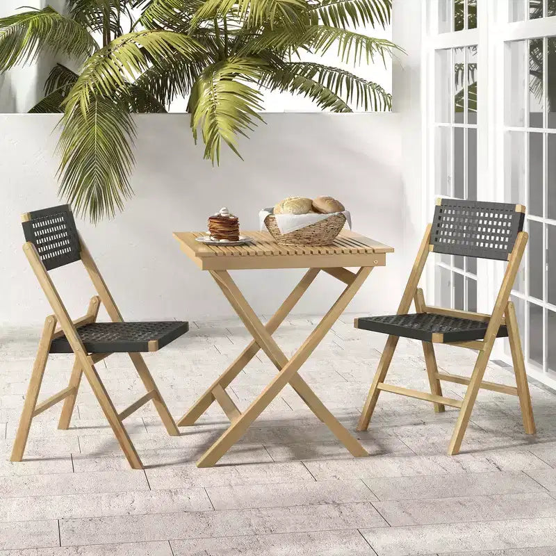 Costway Lot de 2/4 chaises pliantes de patio avec assise en corde tressée et dossier haut en bois de teck indonésien pour porche, naturel et noir