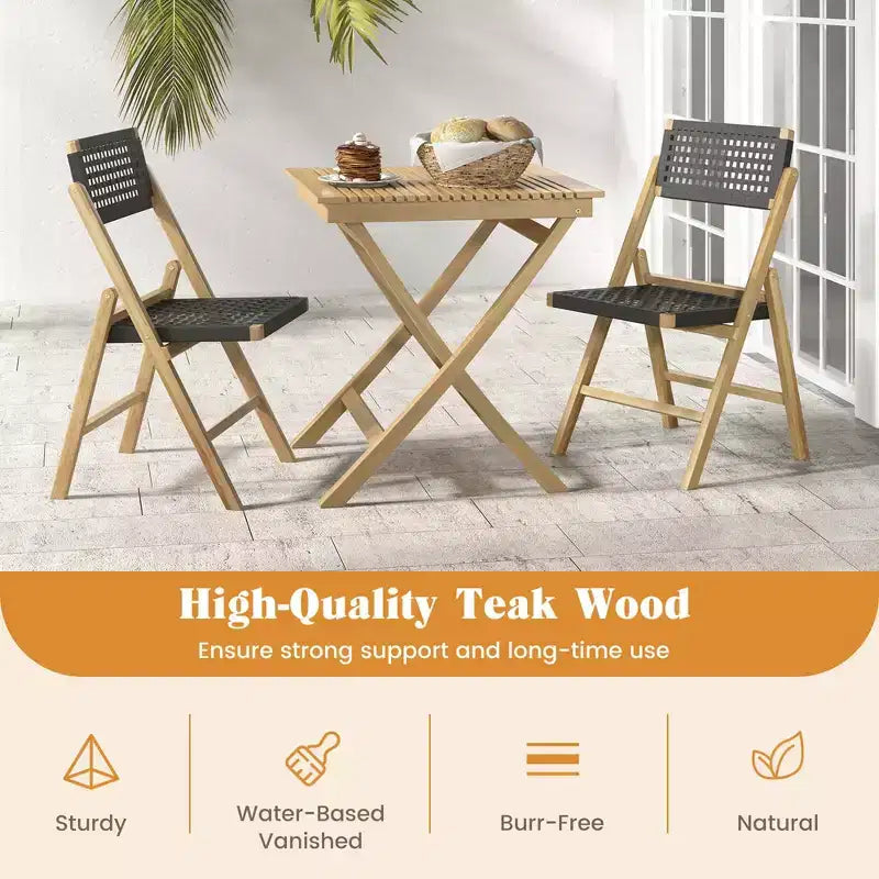 Costway Lot de 2/4 chaises pliantes de patio avec assise en corde tressée et dossier haut en bois de teck indonésien pour porche, naturel et noir