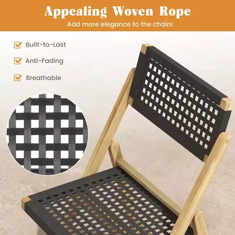 Costway Lot de 2/4 chaises pliantes de patio avec assise en corde tressée et dossier haut en bois de teck indonésien pour porche, naturel et noir