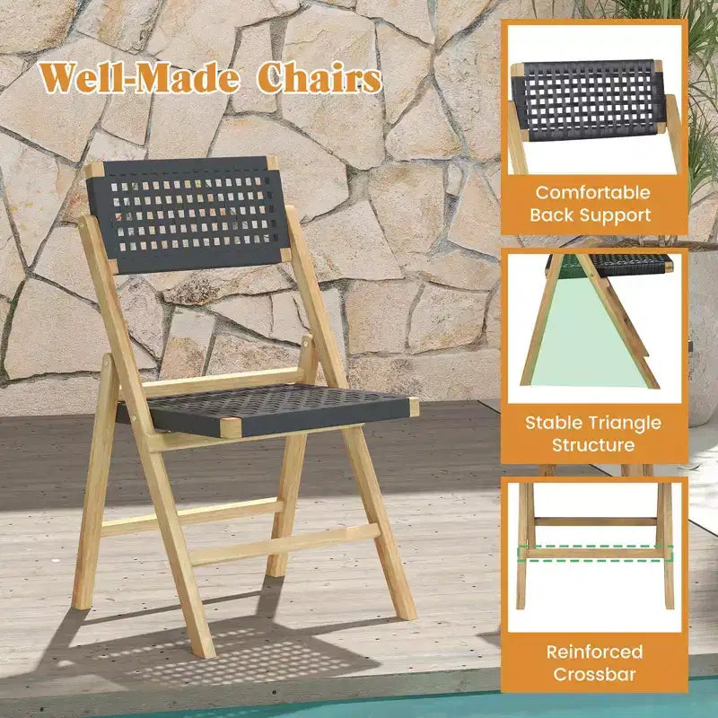 Costway Lot de 2/4 chaises pliantes de patio avec assise en corde tressée et dossier haut en bois de teck indonésien pour porche, naturel et noir