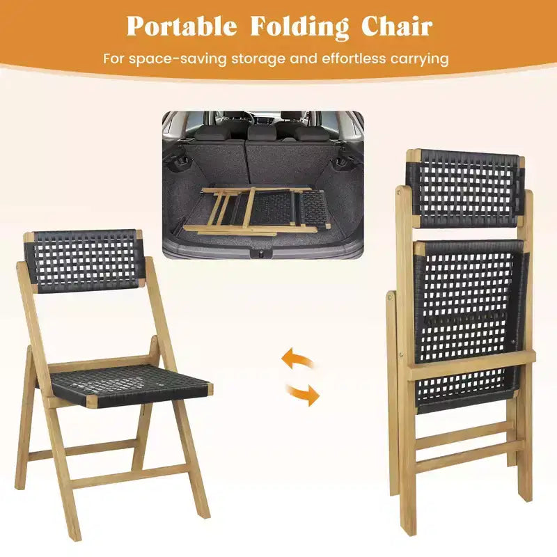 Costway Lot de 2/4 chaises pliantes de patio avec assise en corde tressée et dossier haut en bois de teck indonésien pour porche, naturel et noir