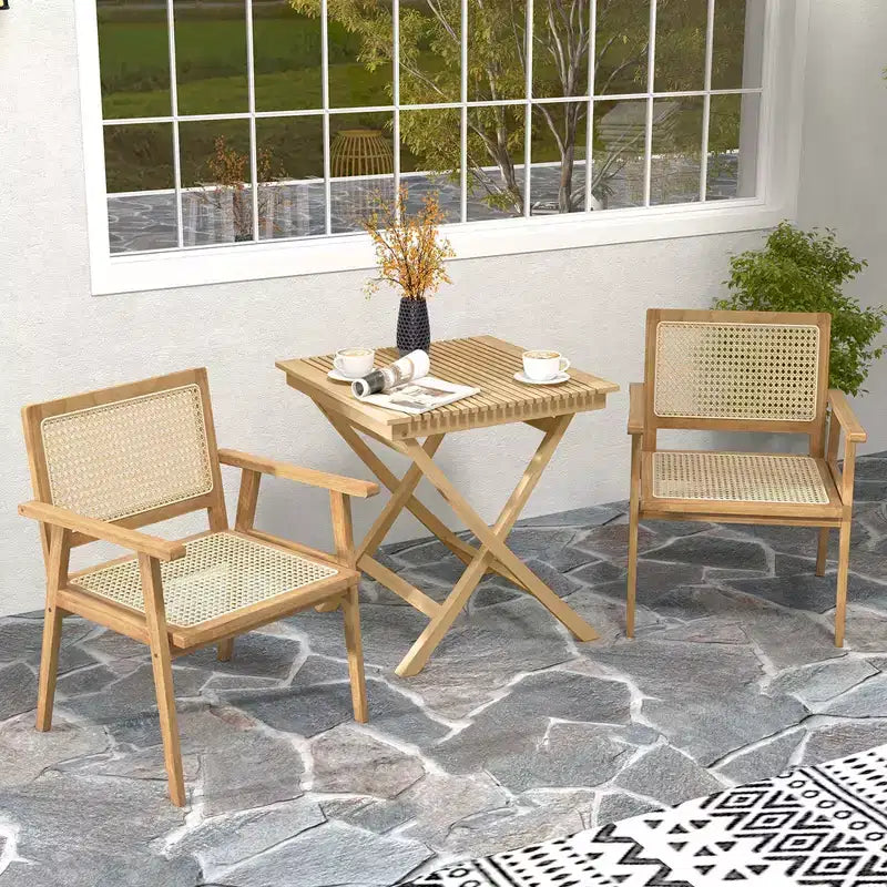 Costway 1/2 PCS Chaise en Bois Teck Indonésien avec Assise et Dossier en Rotin Naturel Fauteuil de Patio pour Porche