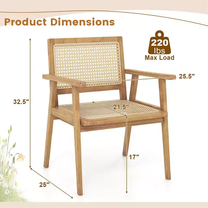 Costway 1/2 PCS Chaise en Bois Teck Indonésien avec Assise et Dossier en Rotin Naturel Fauteuil de Patio pour Porche