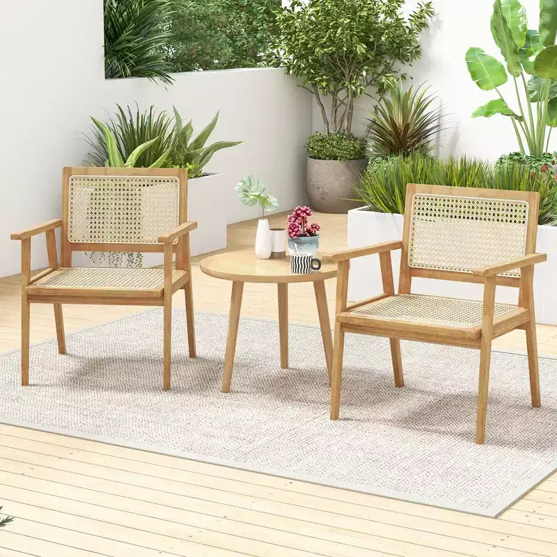 Costway 1/2 PCS Chaise en Bois Teck Indonésien avec Assise et Dossier en Rotin Naturel Fauteuil de Patio pour Porche