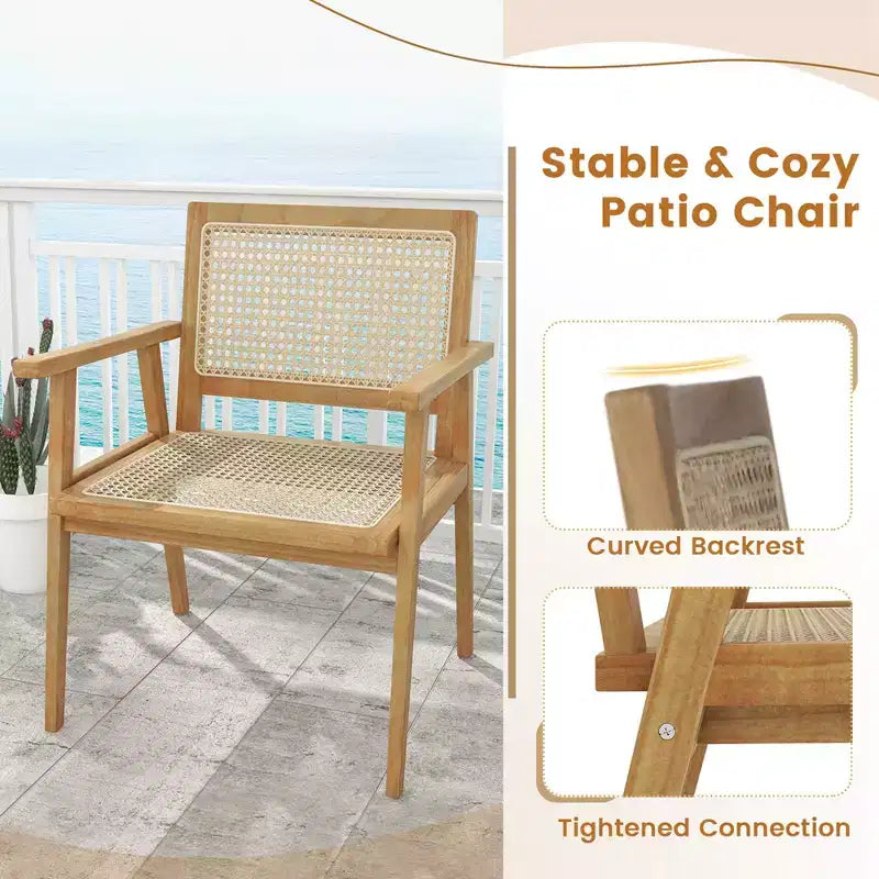 Costway 1/2 PCS Chaise en Bois Teck Indonésien avec Assise et Dossier en Rotin Naturel Fauteuil de Patio pour Porche
