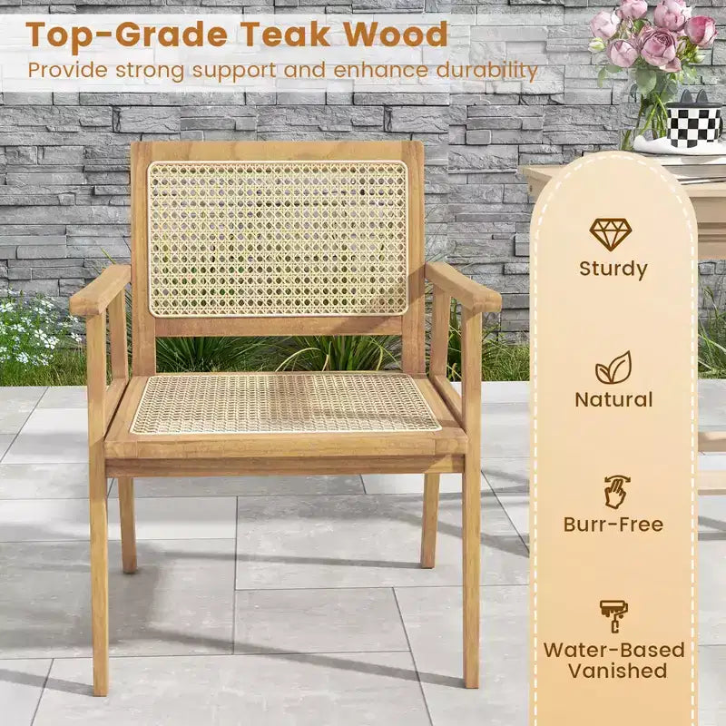 Costway 1/2 PCS Chaise en Bois Teck Indonésien avec Assise et Dossier en Rotin Naturel Fauteuil de Patio pour Porche
