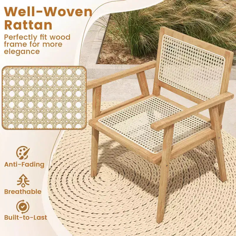 Costway 1/2 PCS Chaise en Bois Teck Indonésien avec Assise et Dossier en Rotin Naturel Fauteuil de Patio pour Porche