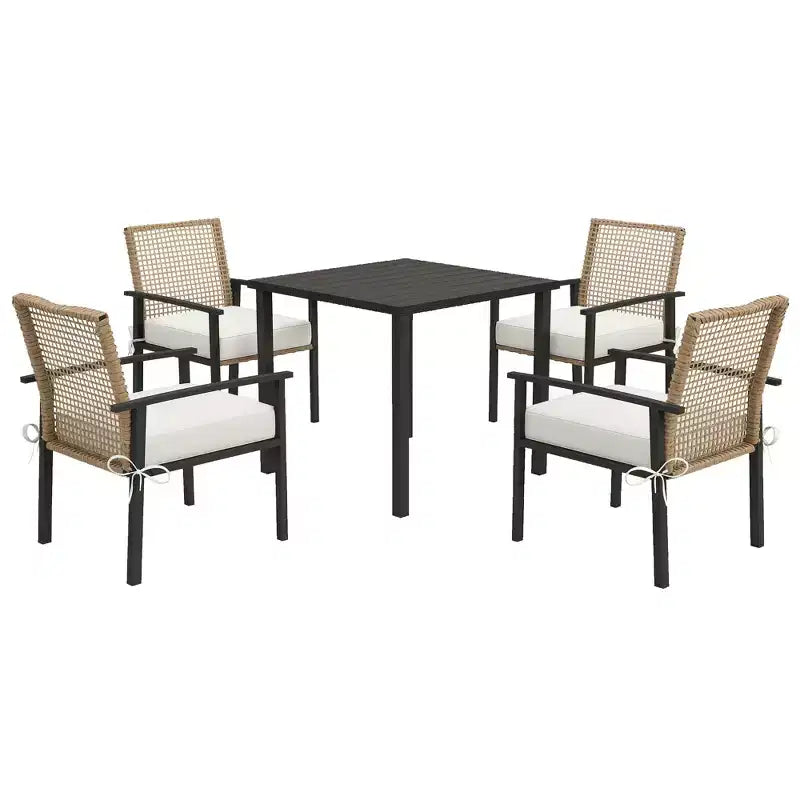 Outsunny 5 Piece Indoor Outdoor Wicker Dining Set, Patio Furniture Metal Table and Chairs with Soft Cushions, Beige