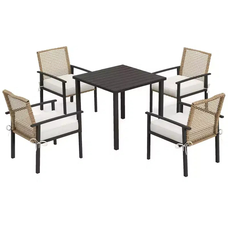 Outsunny Ensemble de salle à manger 5 pièces en osier pour l'intérieur et l'extérieur, table et chaises de patio en métal avec coussins moelleux, beige