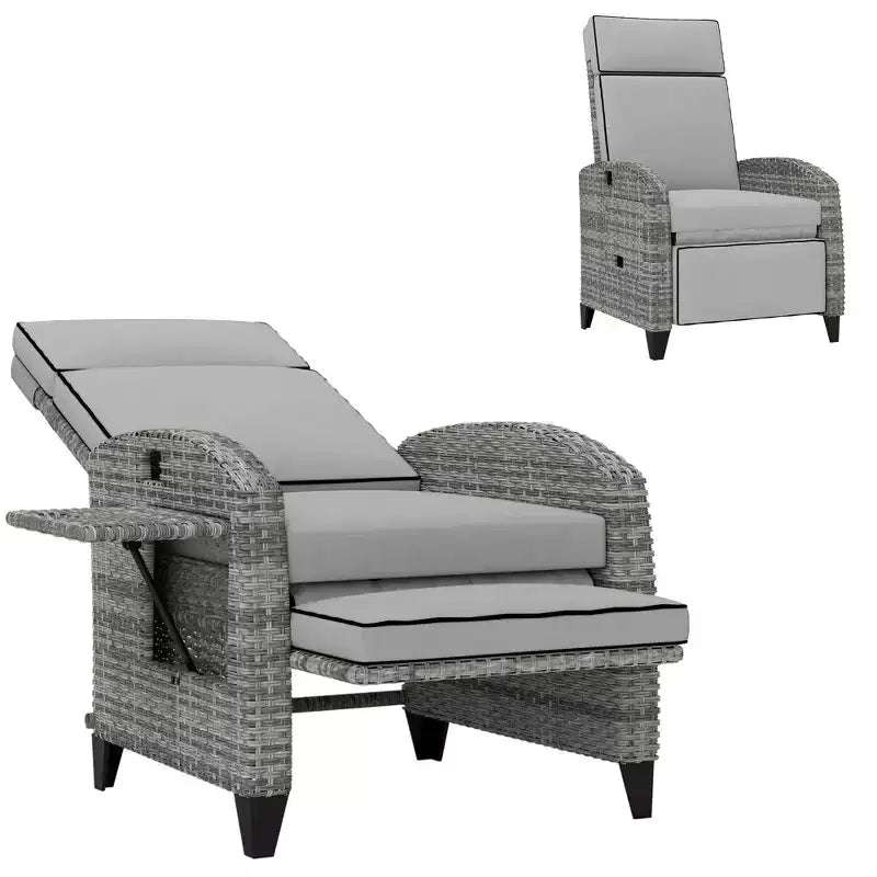 Fauteuil de relaxation extérieur Outsunny avec coussins, chaise longue de patio inclinable en rotin PE avec repose-pieds réglable, accoudoirs, table latérale