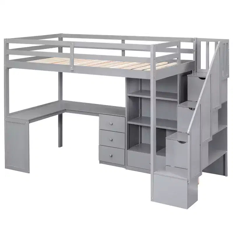 Lit mezzanine une place avec bureau en L, 3 tiroirs, placard, rangements intégrés dans l'escalier, en pin massif/MDF