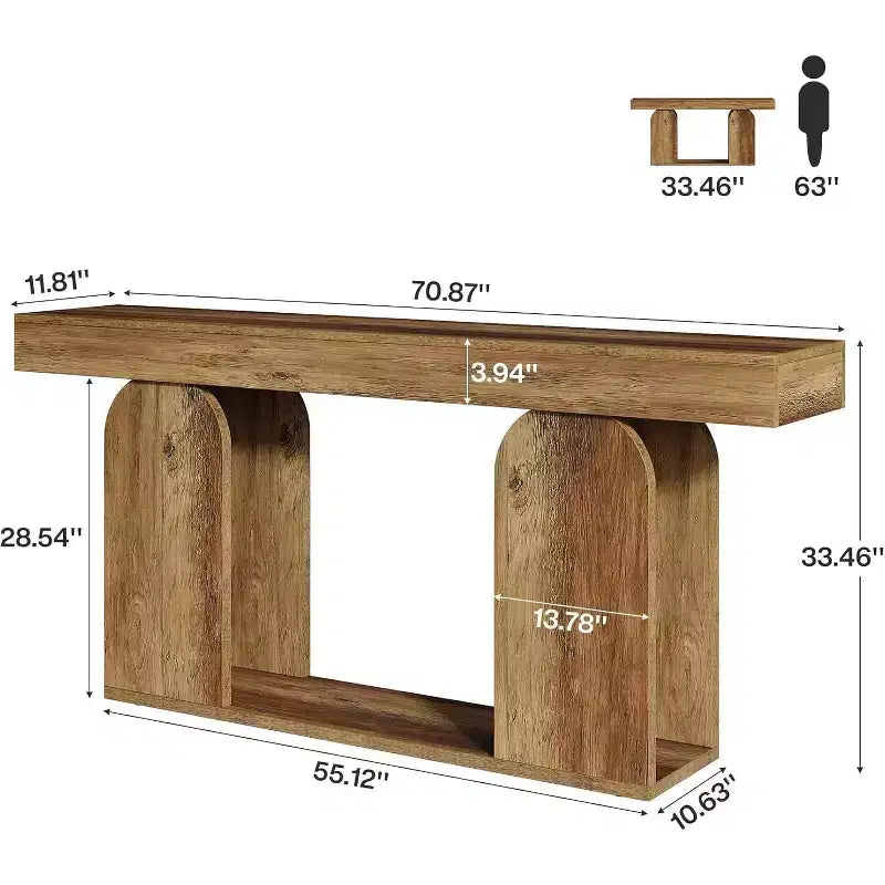 Console de table Lantine de 70,9 pouces extra longue de style ferme avec étagère de rangement à 2 niveaux en bois, convient pour couloir, salon, entrée, marron vintage.