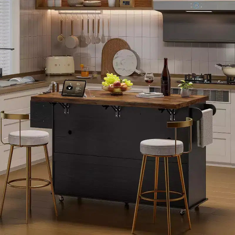 Table îlot mobile 55 avec prise de courant et abattant, chariot de cuisine roulant avec poubelle intégrée pour cuisine