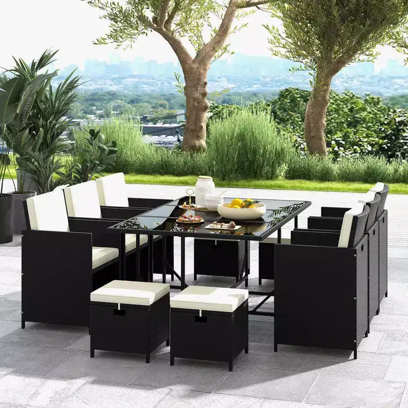Costway 11 Pieces Patio Dining Set Space-saving Wicker Chairs & Tempered Glass Table