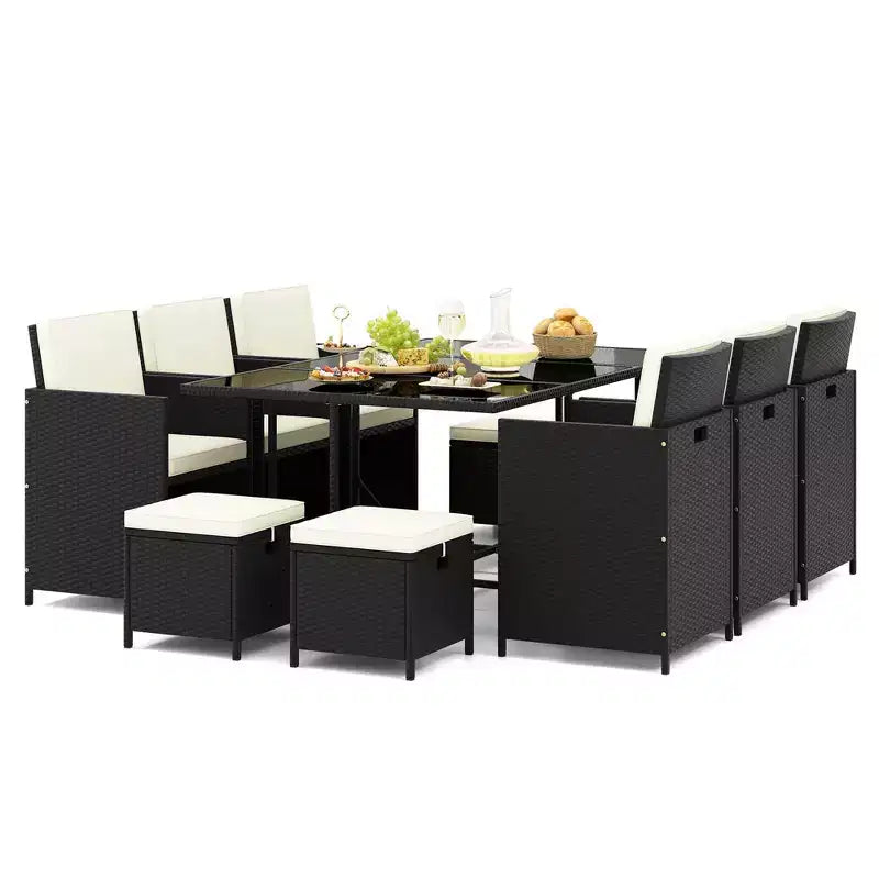 Costway Ensemble de salle à manger d'extérieur 11 pièces avec chaises en osier peu encombrantes et table en verre trempé